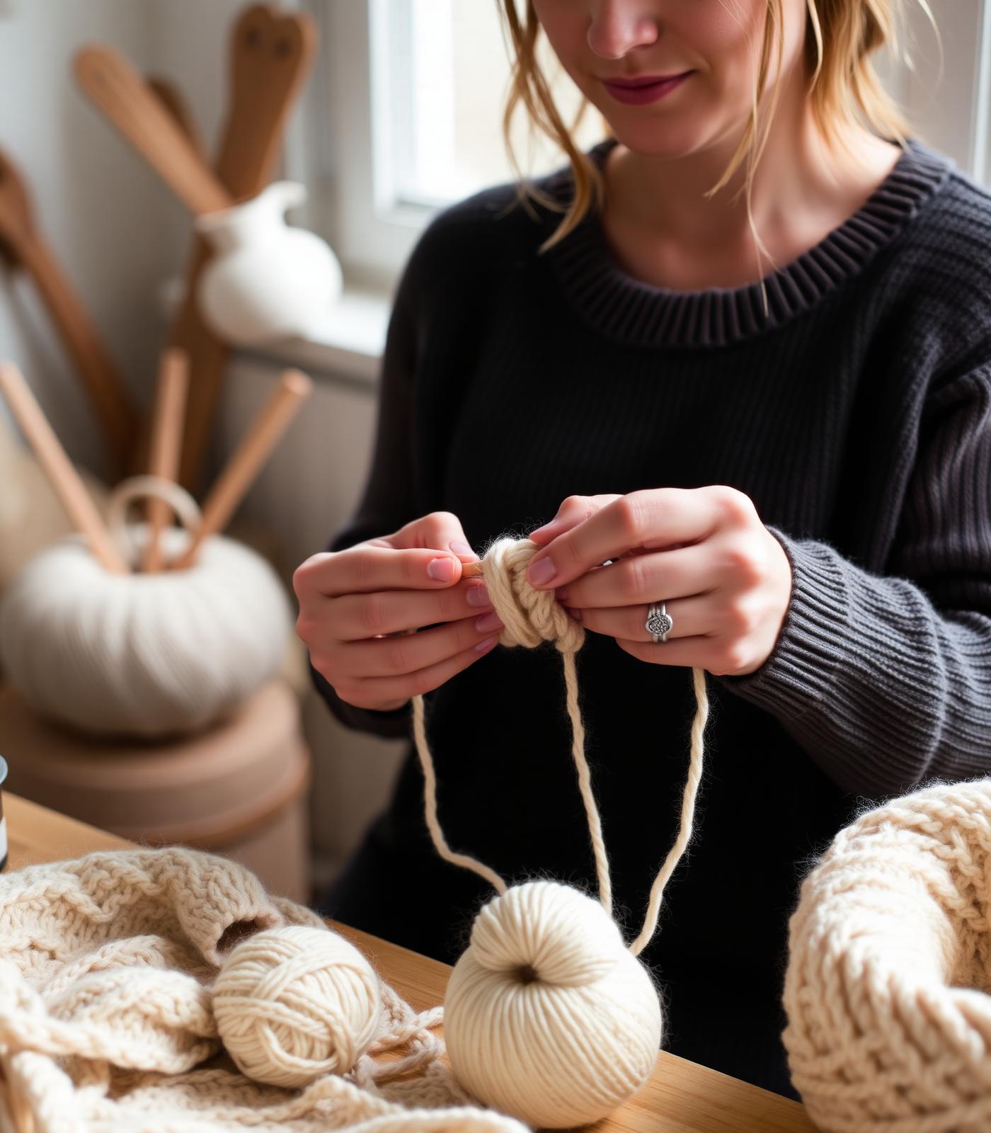 Hender som strikker med naturhvit ull